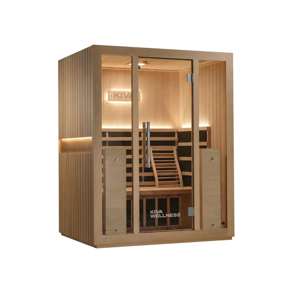 Angled view of the Kiva Wellness Radiance Pro 3 person sauna with a glass front, timber side and illuminated interior.