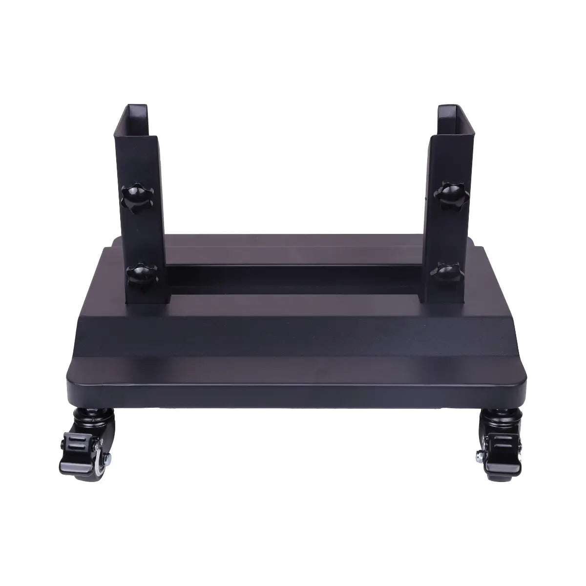 Front view of the Kiva Wellness Solace Halo mobile floor stand with upright mounting brackets and castor wheels.