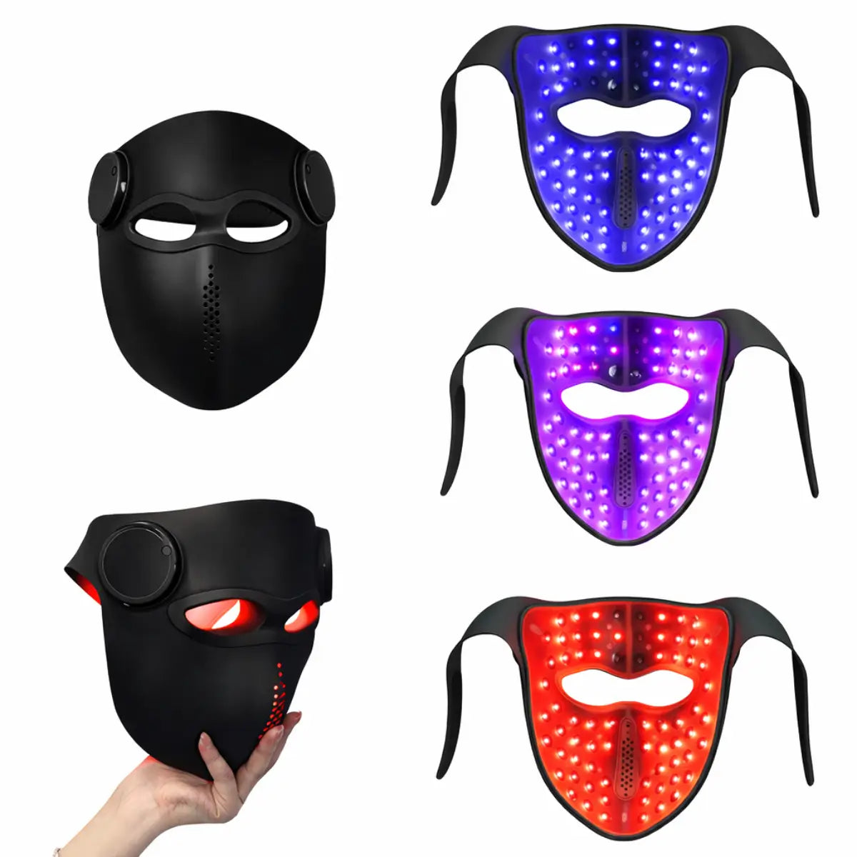 Black Kiva Wellness red light therapy face mask collage showing the outer shell and blue, purple and red LEDs.