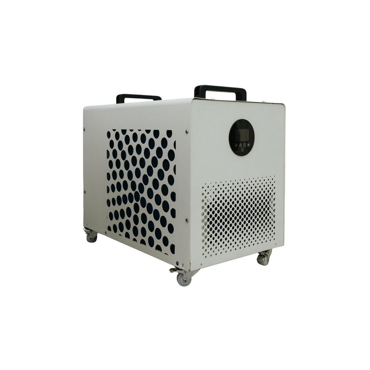 Kiva Wellness Core 1HP ice bath chiller in white with two carry handles, ventilation panels and a round control screen.