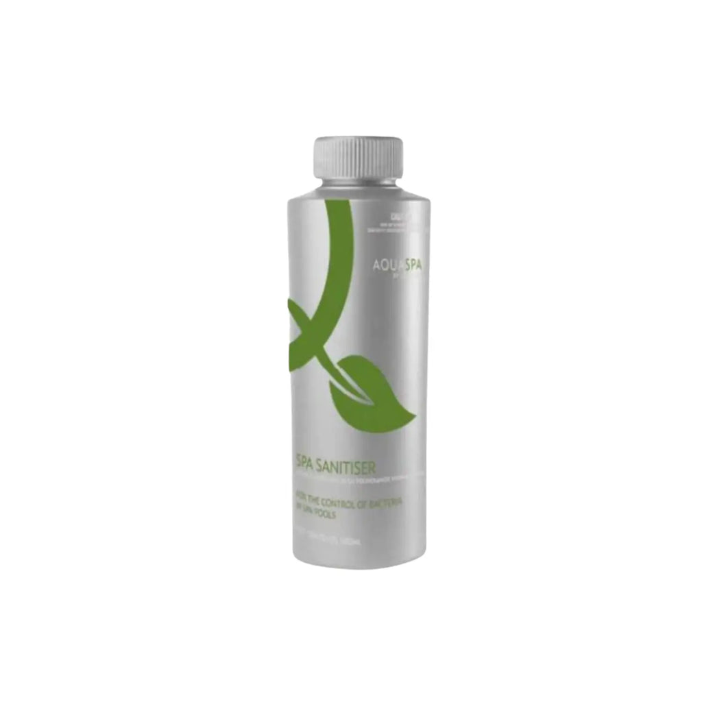 Aquaspa Spa Sanitiser 500 mL bottle with a silver cap and green label, available from Kiva Wellness.