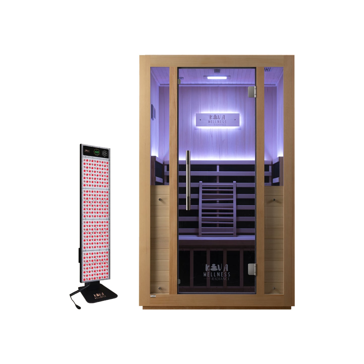 Kiva Wellness Radiance 2 Person Full Spectrum Infrared Sauna with a red light therapy panel, featuring a wooden exterior and Red Light Therapy