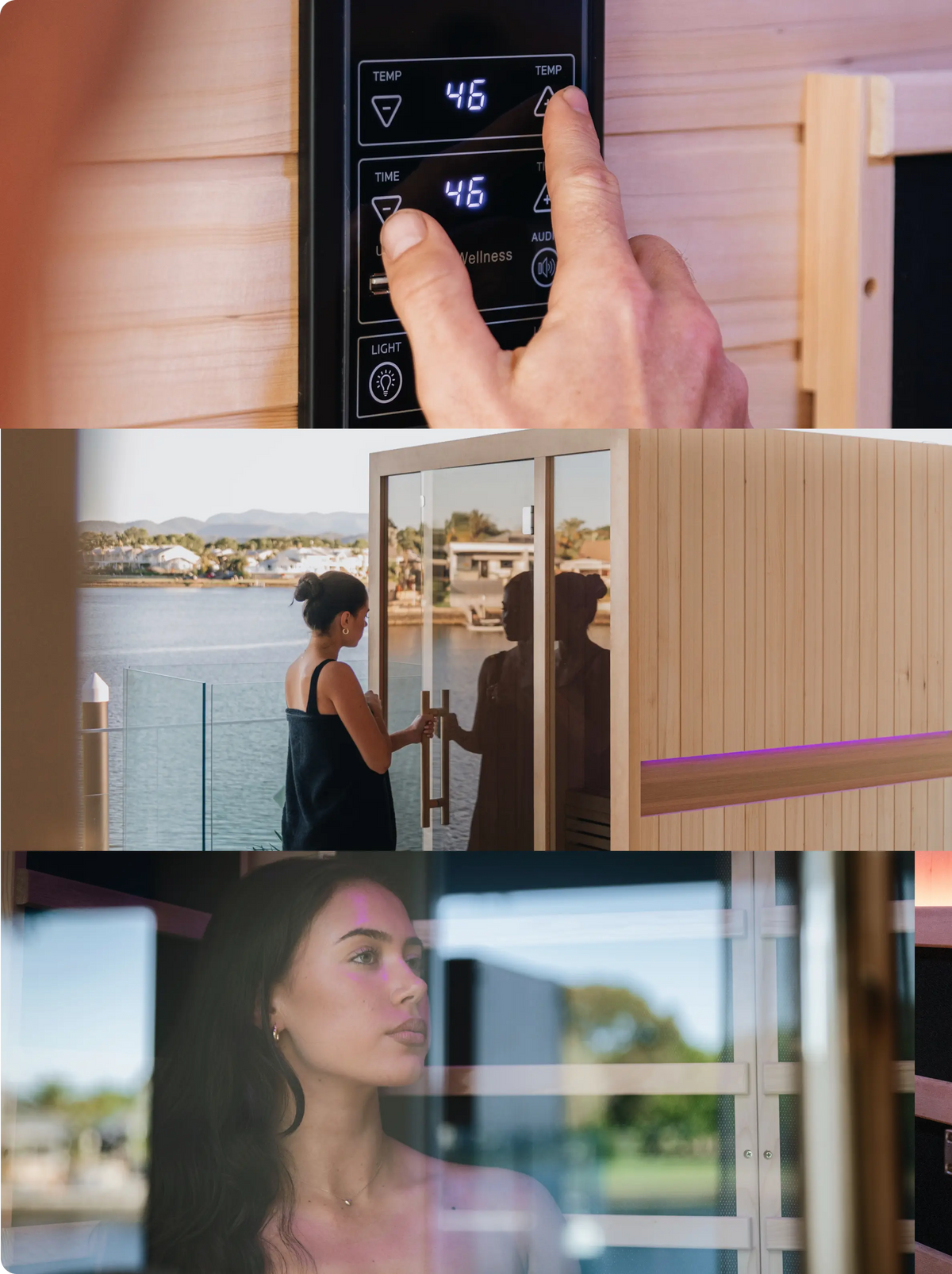 Collage showing sauna controls, a woman opening a sauna door and a view through sauna glass.