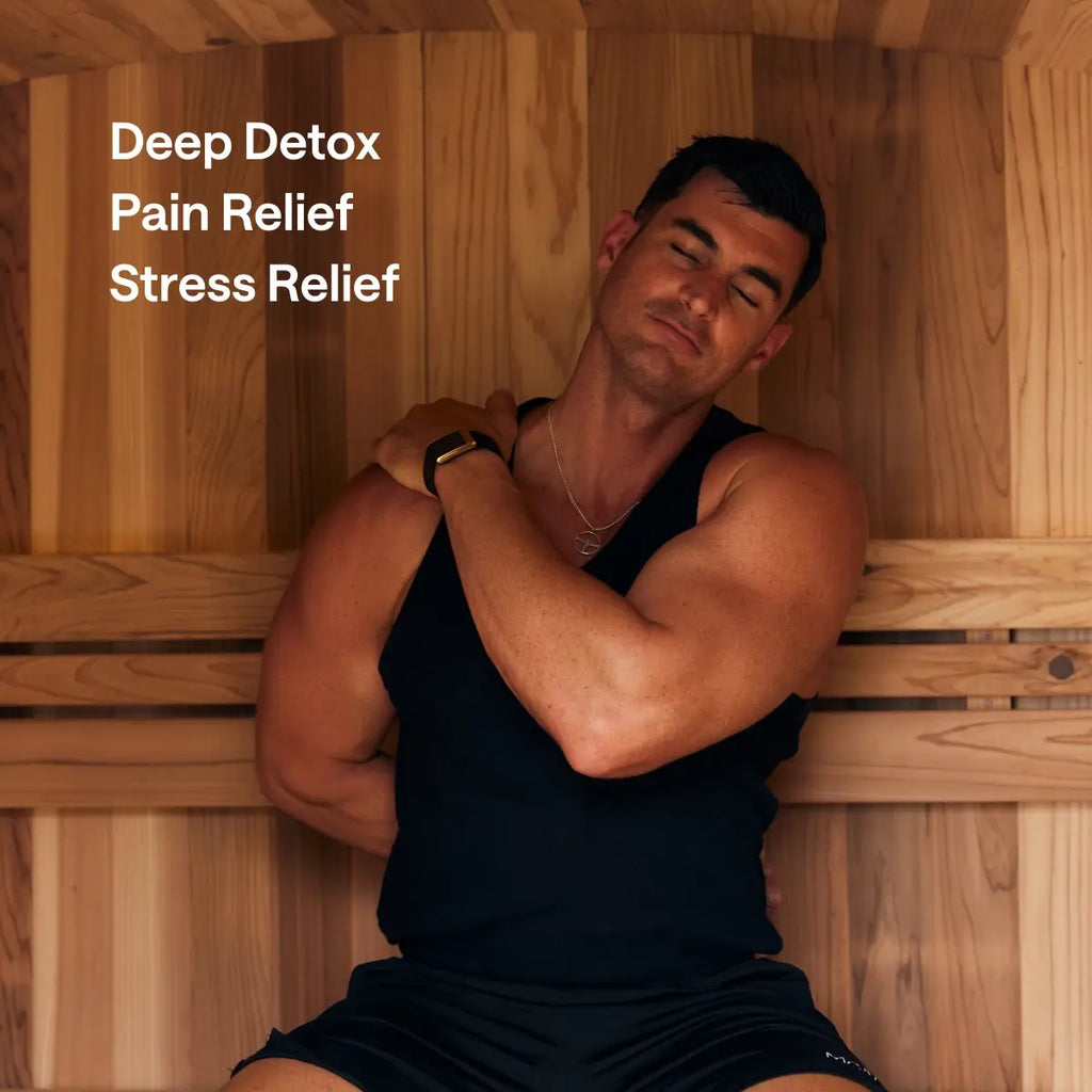 A man relaxes on a timber bench inside a Kiva Wellness Ritual sauna beside text about sauna benefits.