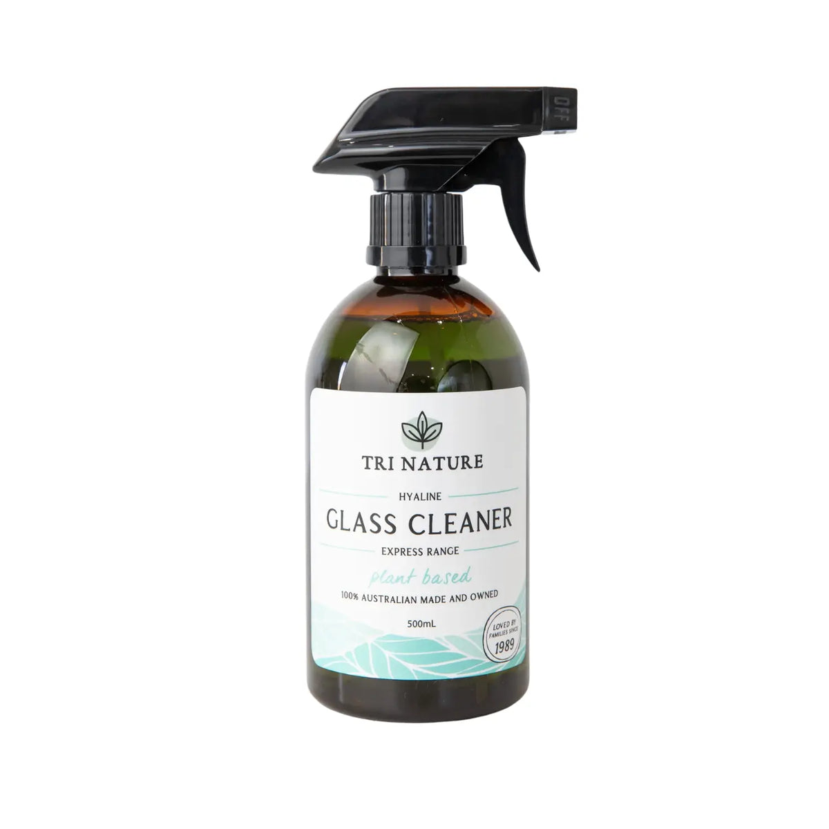Tri Nature Glass Cleaner 500 mL in an amber spray bottle with a black trigger, available from Kiva Wellness.