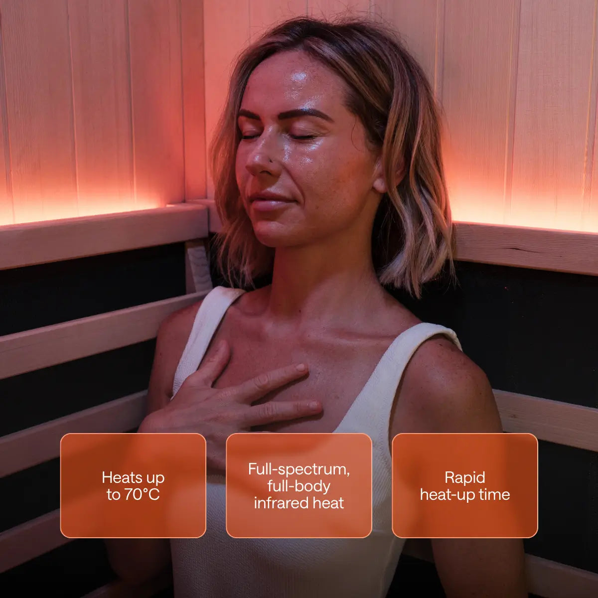 A woman relaxes in a Kiva Wellness sauna beneath icons describing temperature, infrared heating and warm-up time.
