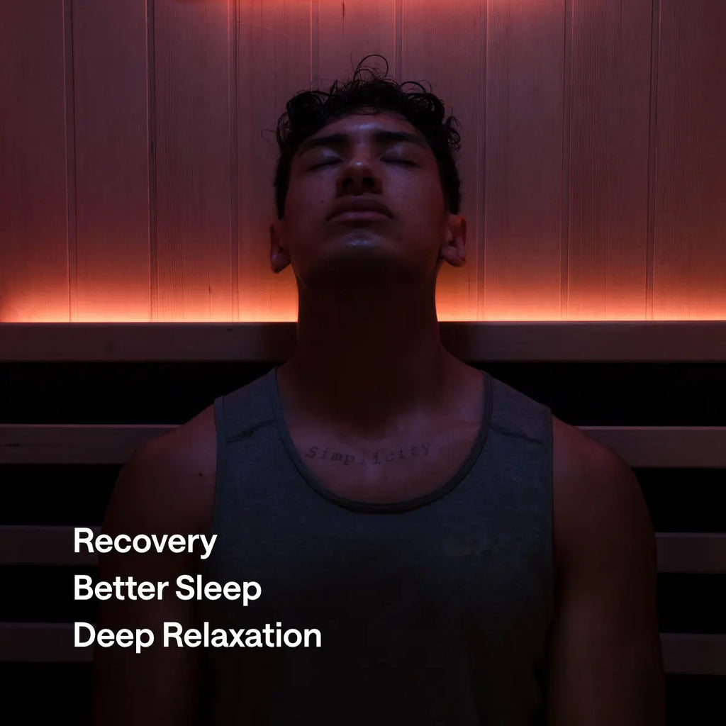 A man sits with his eyes closed in a Kiva Wellness sauna beneath text about recovery, sleep and relaxation.
