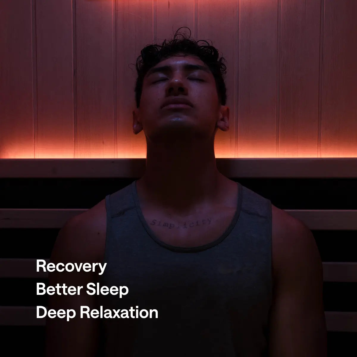 A man sits with his eyes closed in a Kiva Wellness sauna beneath text about recovery, sleep and relaxation.