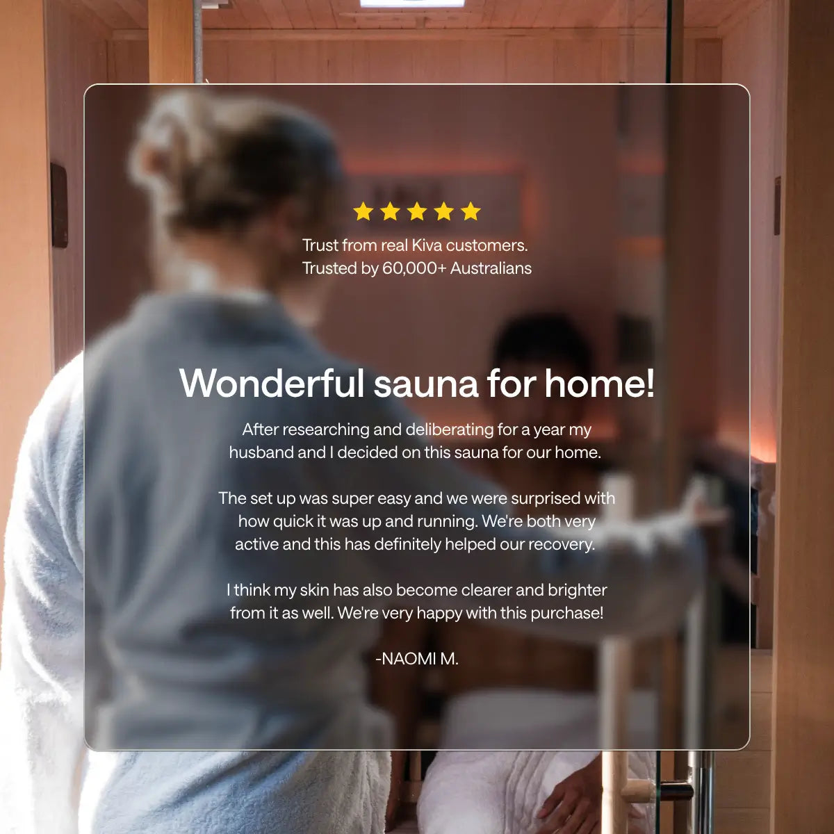 Five-star review graphic for a Kiva Wellness Radiance sauna, headed 'Wonderful sauna for home!'.