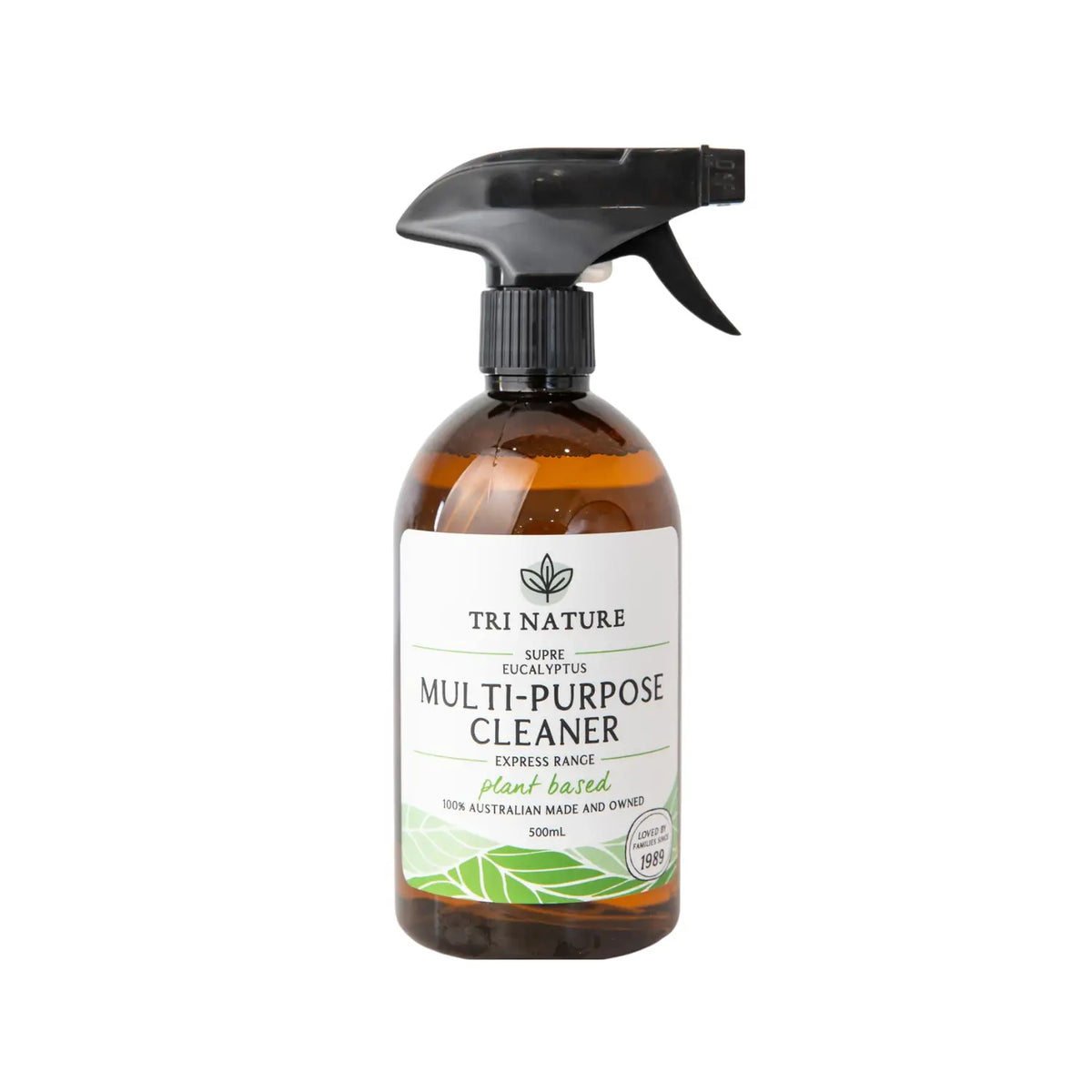 Tri Nature Multi-Purpose Cleaner 500 mL in an amber spray bottle with a black trigger, available from Kiva Wellness.