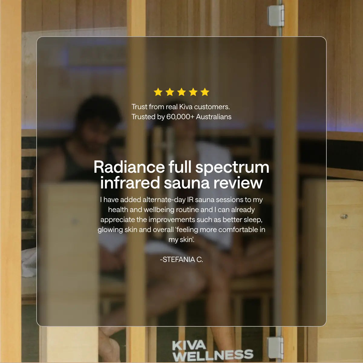 Five-star customer review graphic headed 'Radiance full spectrum infrared sauna review' from Kiva Wellness.