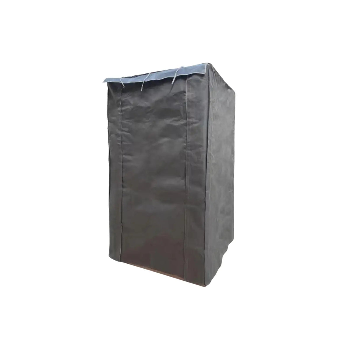 Dark grey Kiva Wellness sauna cover fitted over a rectangular cabin, showing its front and side panels.