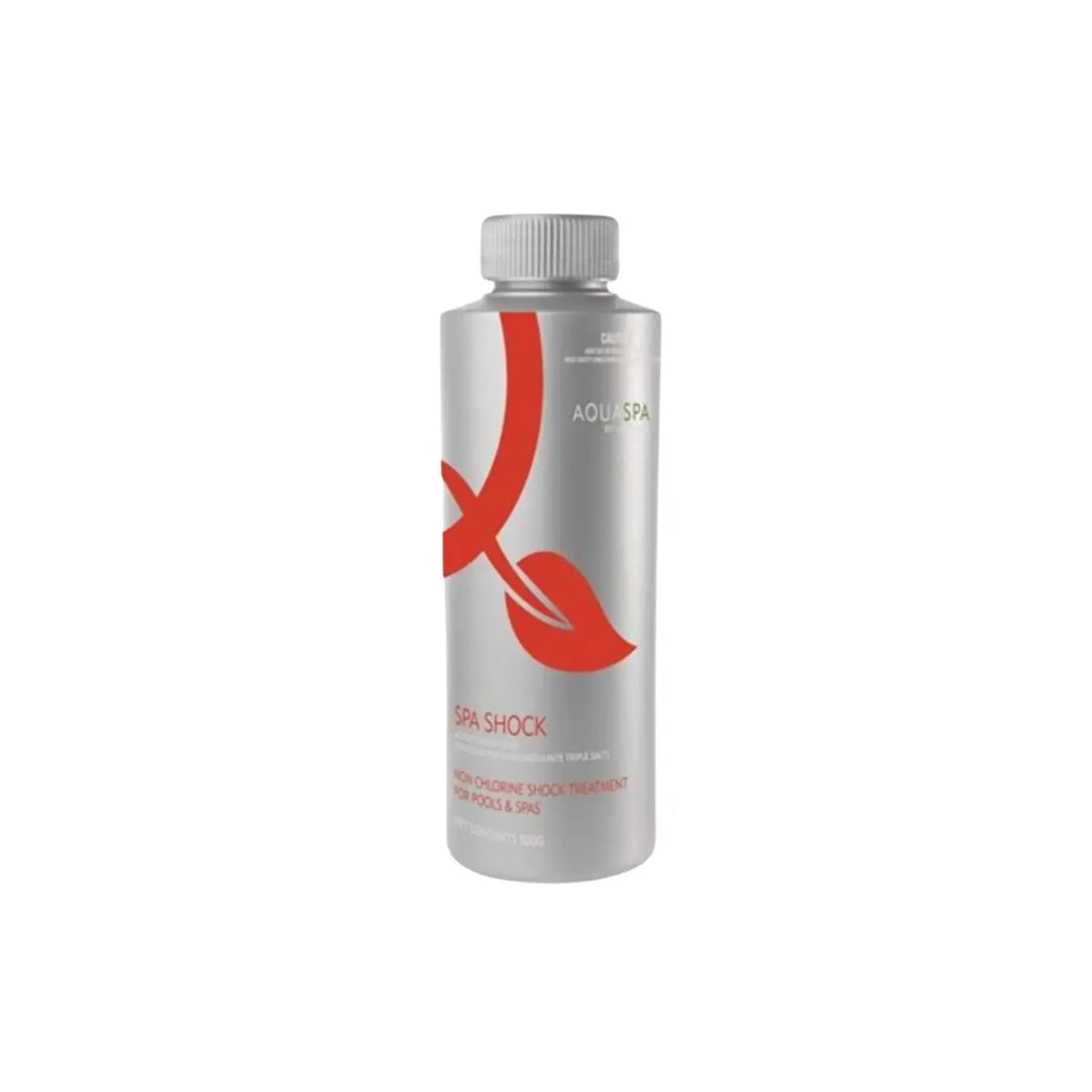 Aquaspa Spa Shock 500 g container with a silver cap and red label, available from Kiva Wellness.