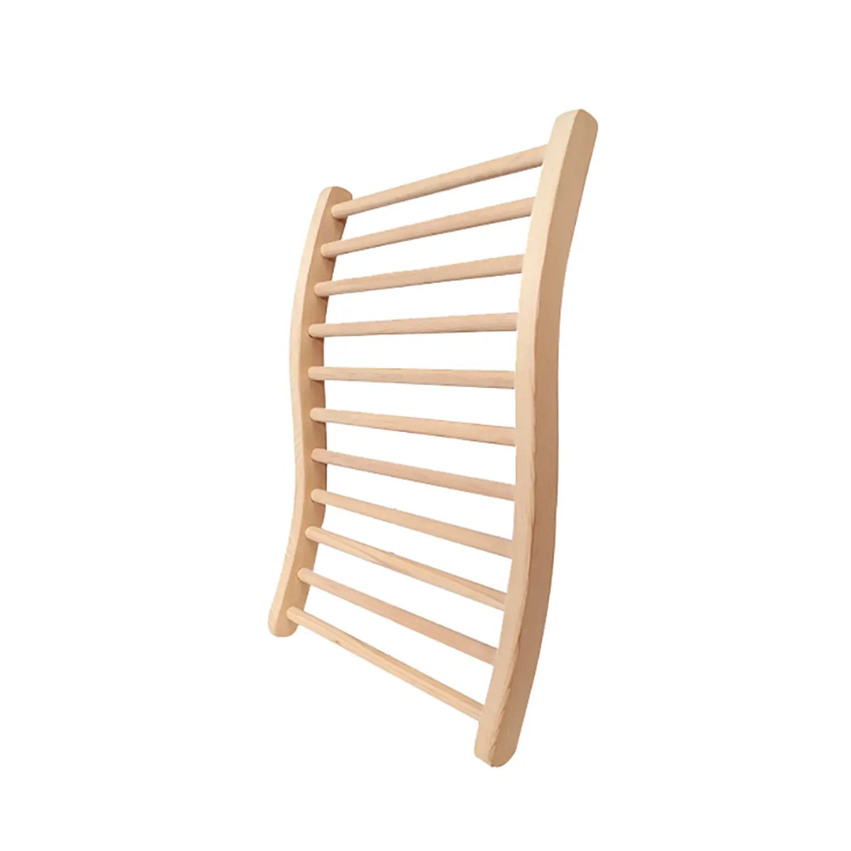Kiva Wellness ergonomic sauna backrest with curved wooden supports and evenly spaced horizontal timber slats.