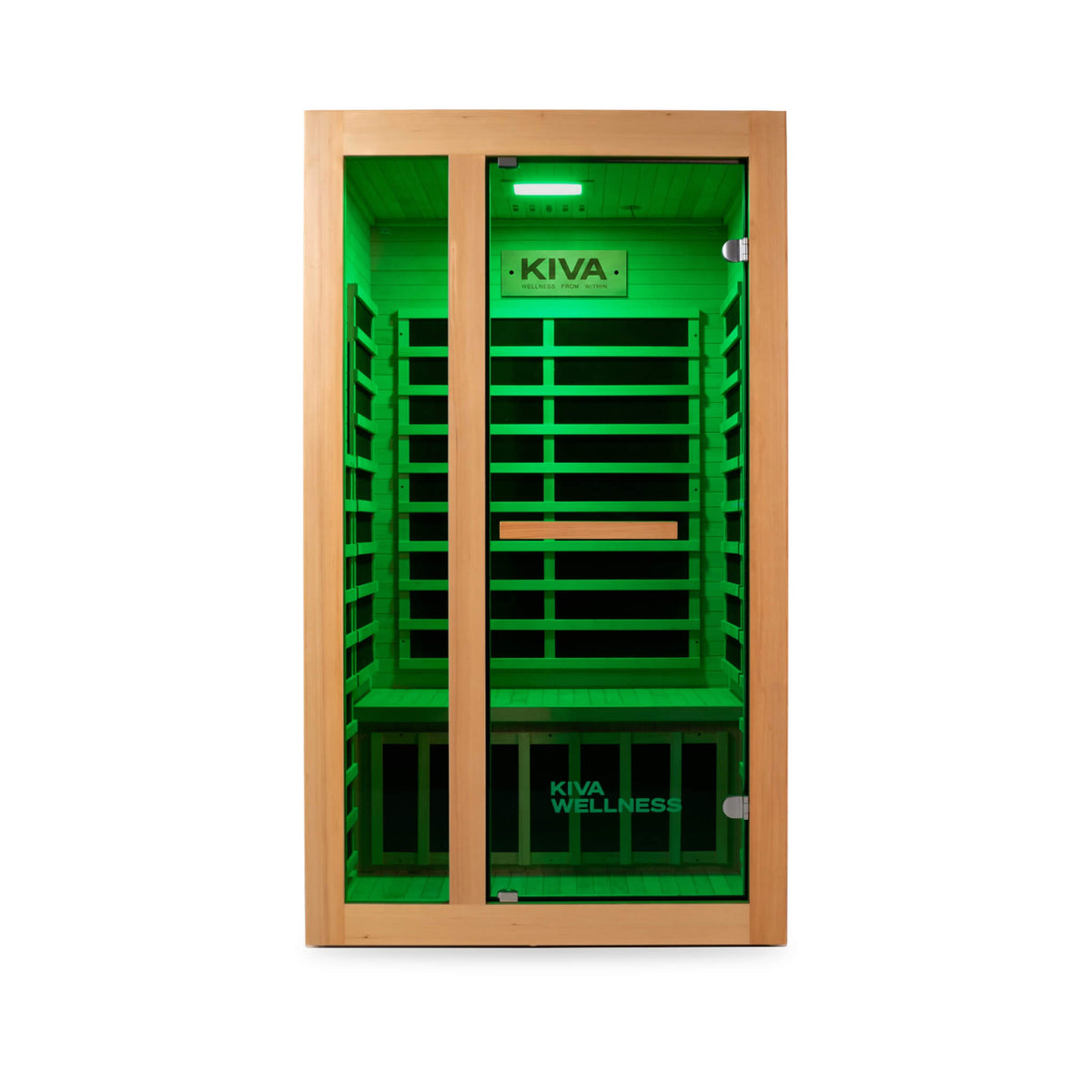 Kiva Wellness Revive Infrared Sauna green light on, front view