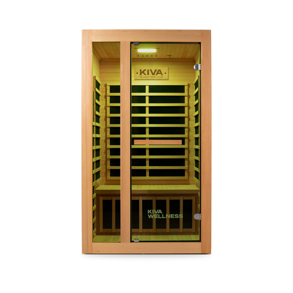 A Kiva wellness infrared sauna cabinet with a light wood exterior, glass doors, and a warm yellow interior, shown against a plain white background.