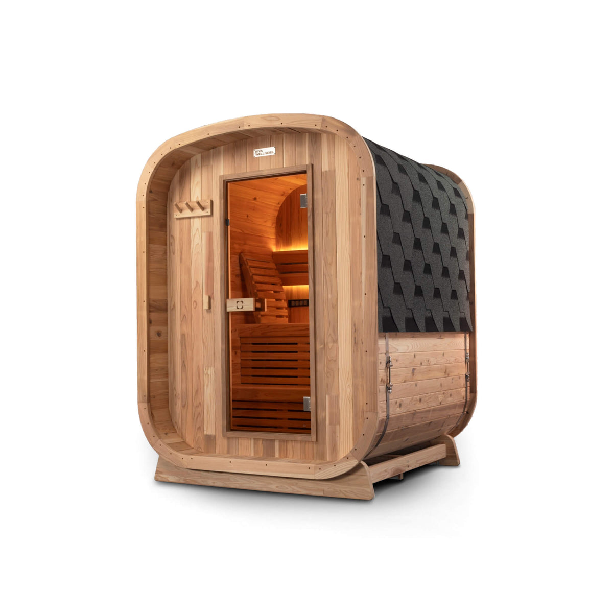 Angled view of the Kiva Wellness Ritual 3 person timber front sauna showing its right side and curved shingle roof.