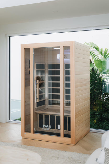 Wooden sauna with glass door in a room with large windows and plants