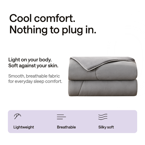 A folded gray comforter or duvet with a white piping edge is shown on a white background with marketing text and feature icons. The text reads, 'Cool comfort.