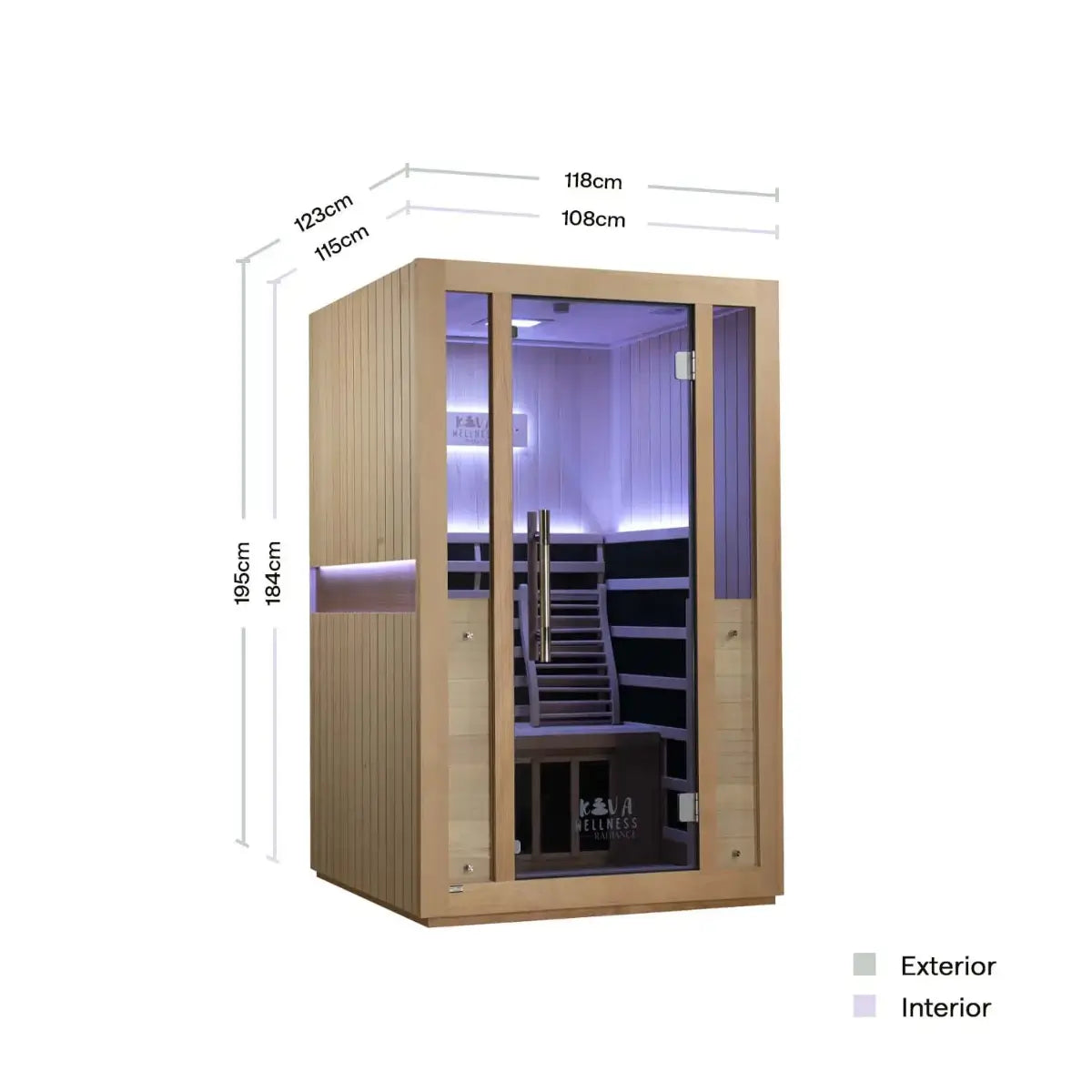 Dimension diagram of the Kiva Wellness Radiance 2 person full spectrum sauna with labelled measurements.