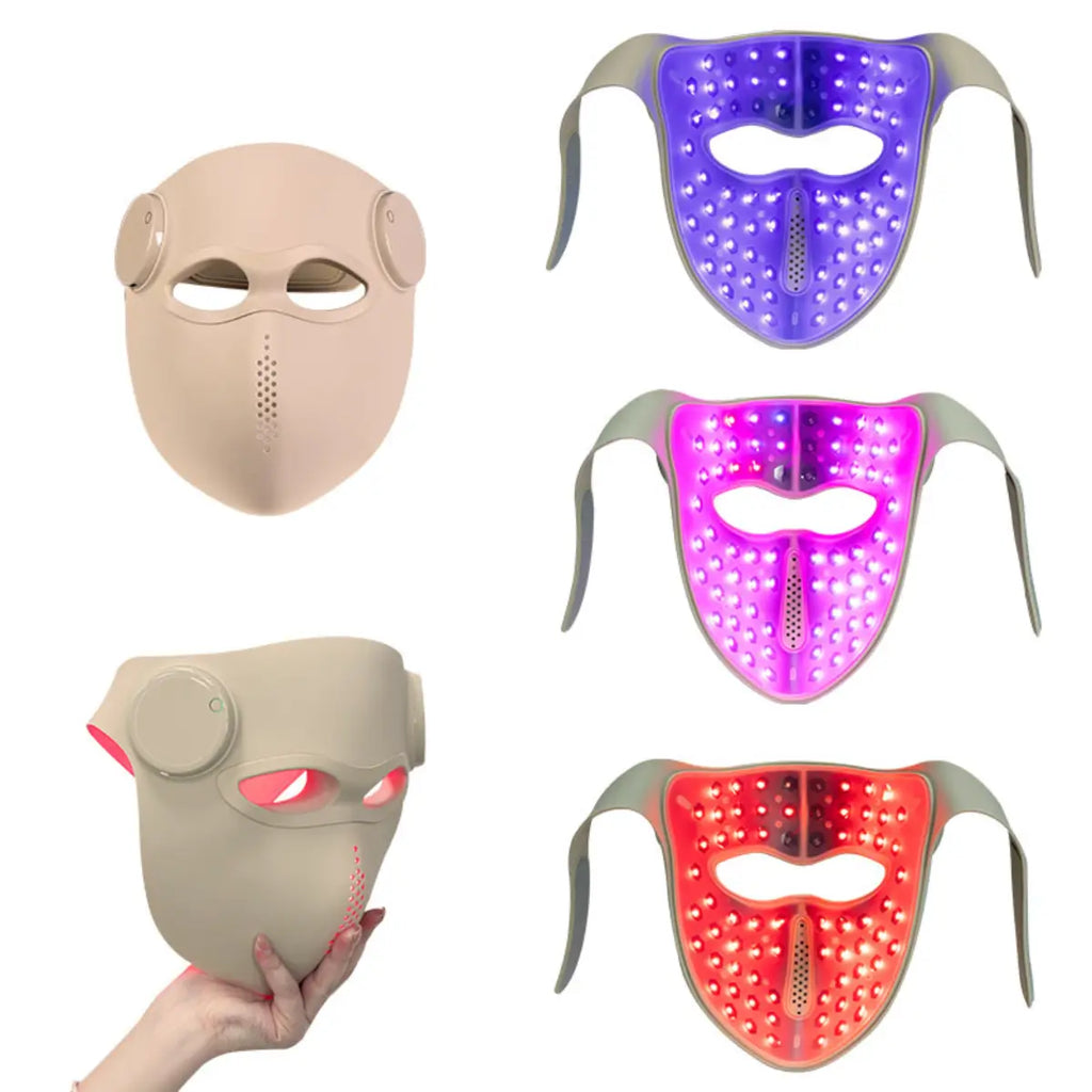 Gold Kiva Wellness red light therapy face mask collage showing the outer shell and blue, purple and red LEDs.