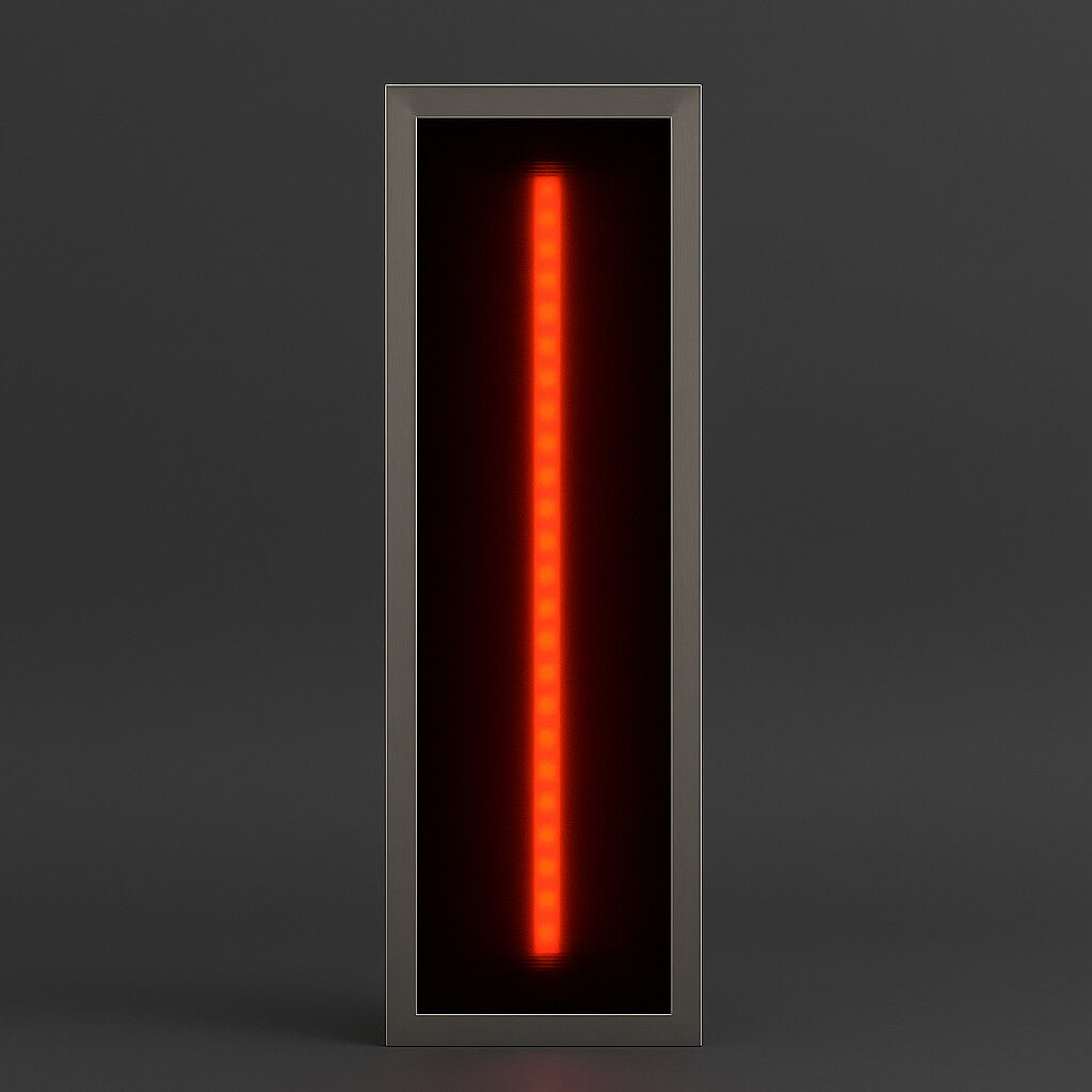 Slim vertical sauna heater panel with a glowing red element inside a rectangular frame.