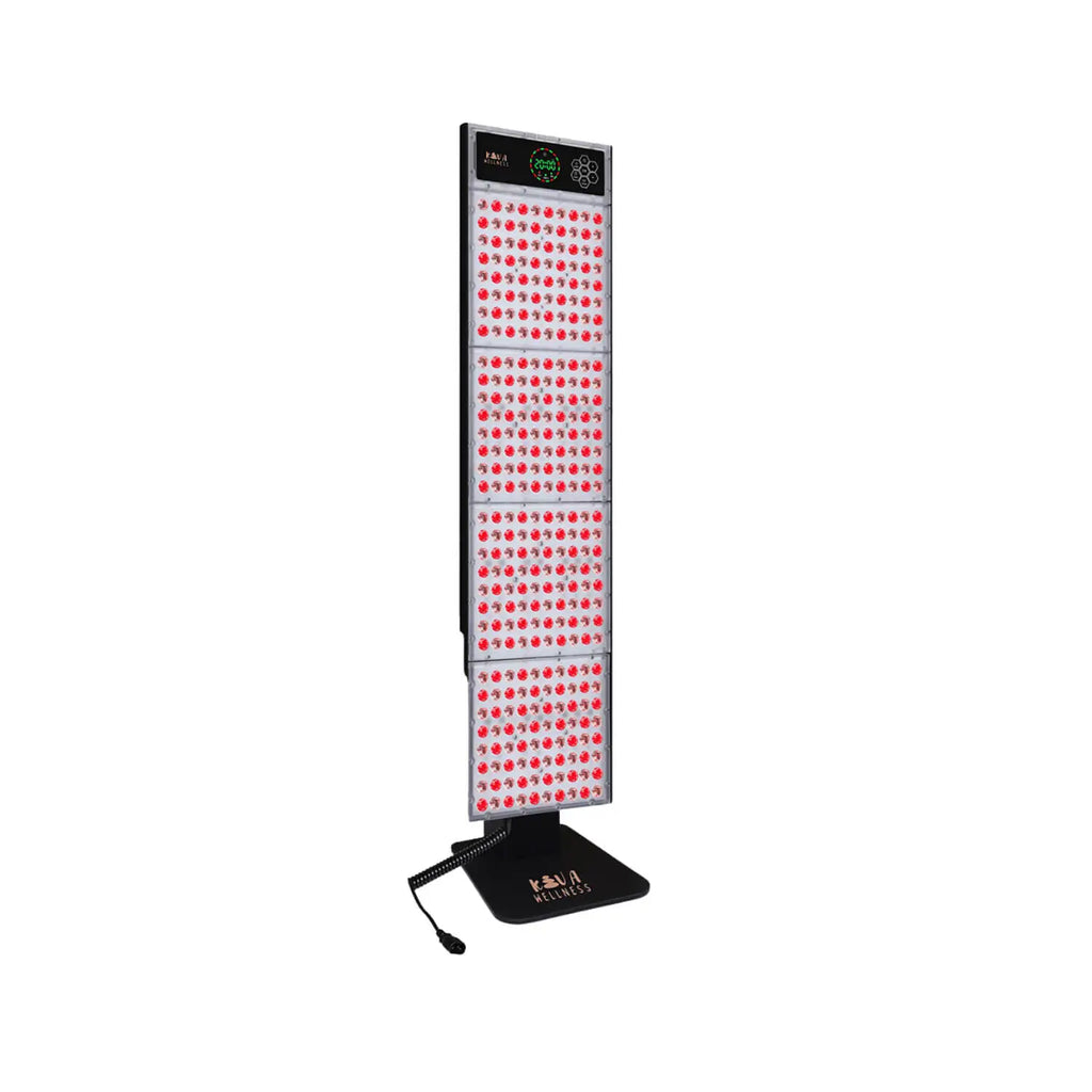 Kiva Wellness Radiance sauna red light therapy panel illuminated on a wheeled stand against a white background.