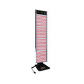 Kiva Wellness Radiance sauna red light therapy panel illuminated on a wheeled stand against a white background.