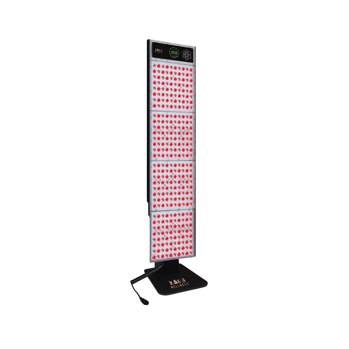 Kiva Wellness Radiance sauna red light therapy panel illuminated on a wheeled stand against a white background.