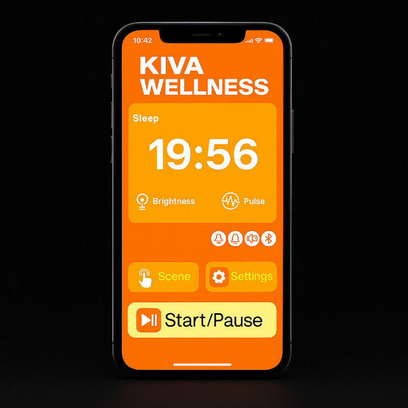 Kiva Wellness red light therapy app on a smartphone showing a countdown timer and start pause control.