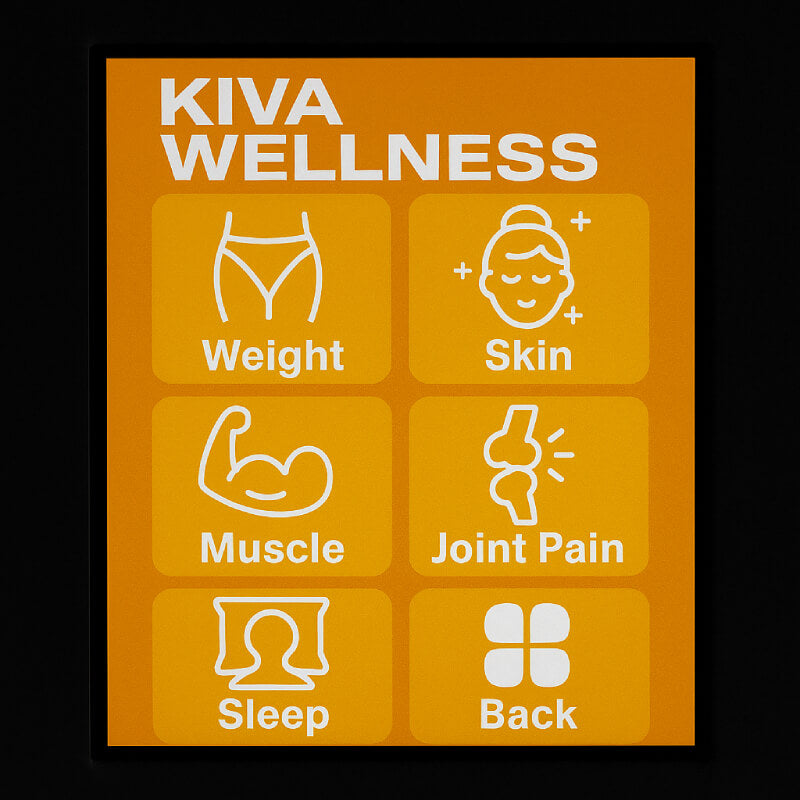 Orange Kiva Wellness red light therapy touchscreen displaying six labelled programme icons.