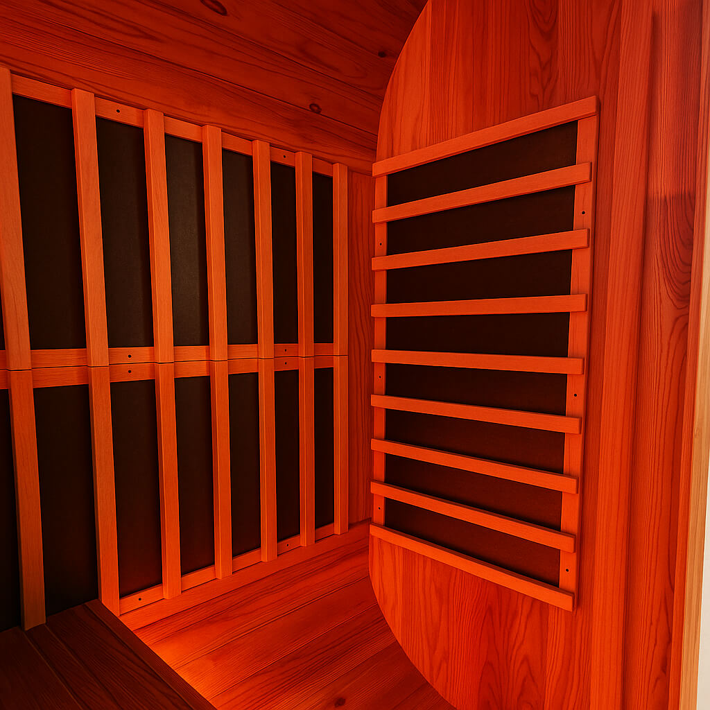 Interior corner of a Kiva Wellness Retreat sauna showing timber heater guards under orange lighting.