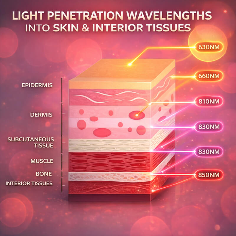 Illustrated skin cross section showing labelled light wavelengths and depicted penetration depths.