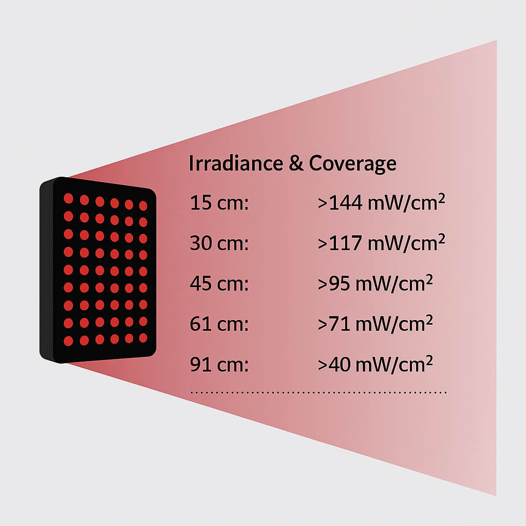 Kiva Wellness Solace Glow panel diagram listing irradiance measurements at different distances.