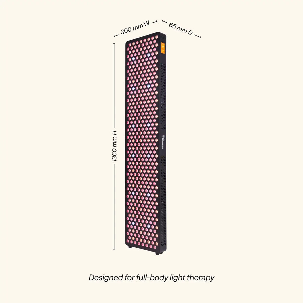 Kiva Wellness Solace Halo red light therapy panel dimension diagram with labelled height, width and depth.