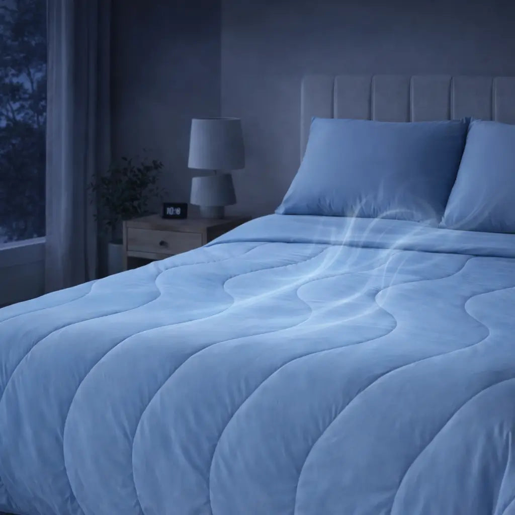 Blue quilted cooling blanket on a bed in a darkened room with an illustrated cooling effect.