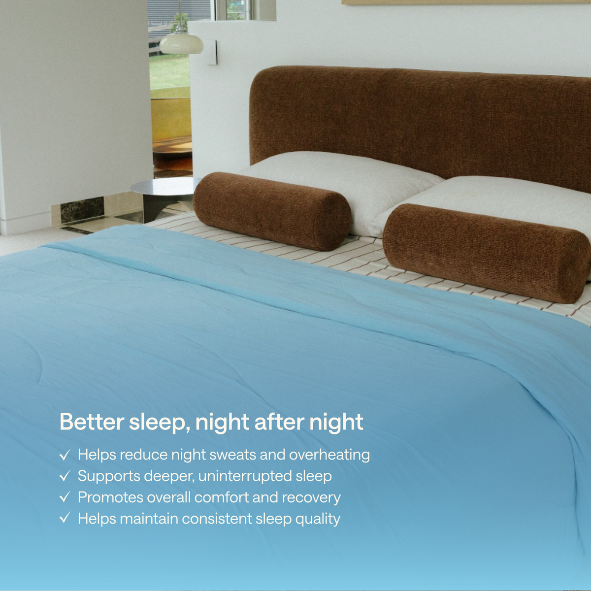A bed with Kiva cooling blanket, shown in a modern bedroom setting.