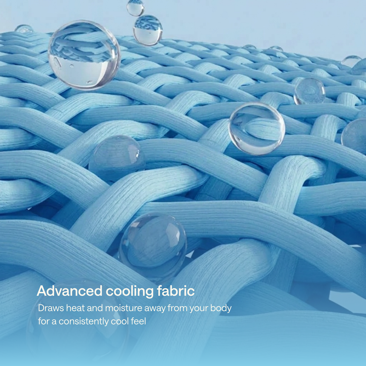 Close-up of a woven cooling fabric with transparent water droplets resting on it.