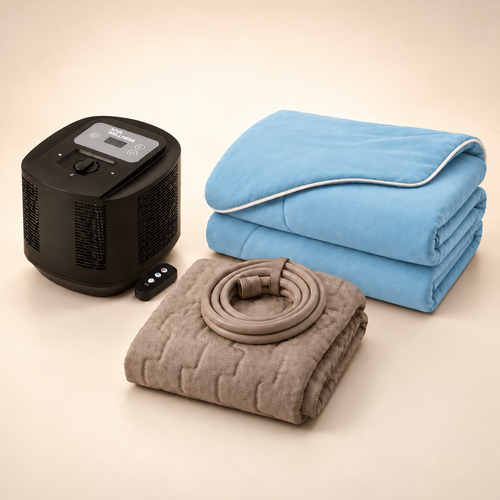 A circadian sleep pod with a folded mattress topper and blue cooling blanket, displayed on a warm beige background, including a remote, and a cord.