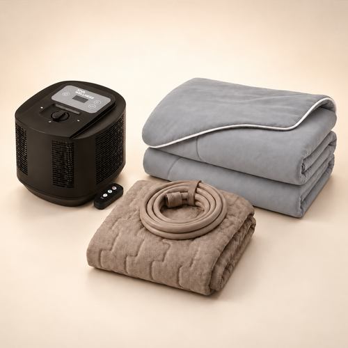 A circadian sleep pod with a folded mattress topper and grey cooling blanket, displayed on a warm beige background, including a remote, and a cord.