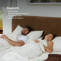 A man and a woman lie side by side in bed using Kiva circadian sleep pod and its mattress topper, under a white patterned duvet, with a brown upholstered headboard behind them.