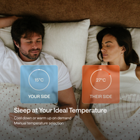 A man and a woman lying in bed under a patterned duvet using the circadian sleep pod and its mattress topper.