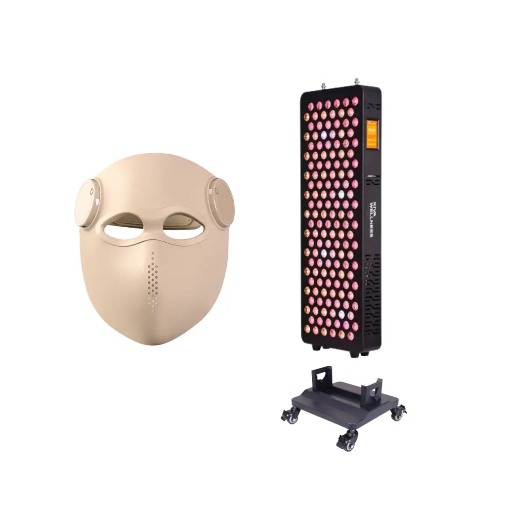 Kiva Wellness bundle showing a cream LED face mask beside a Solace Core red light panel on a wheeled stand.