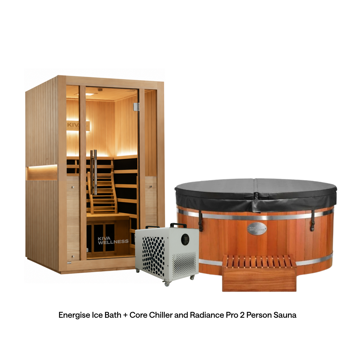 Kiva Wellness bundle with a Radiance Pro 2 person sauna, covered Energise cedar ice bath and white Core chiller.
