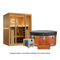 Kiva Wellness bundle with a Radiance Pro 3 person sauna, covered Energise cedar ice bath and white Core chiller.
