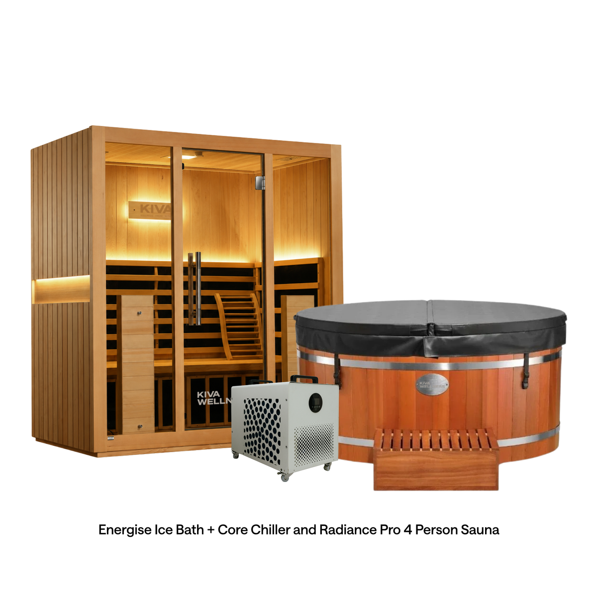 Kiva Wellness bundle with a Radiance Pro 4 person sauna, covered Energise cedar ice bath and white Core chiller.