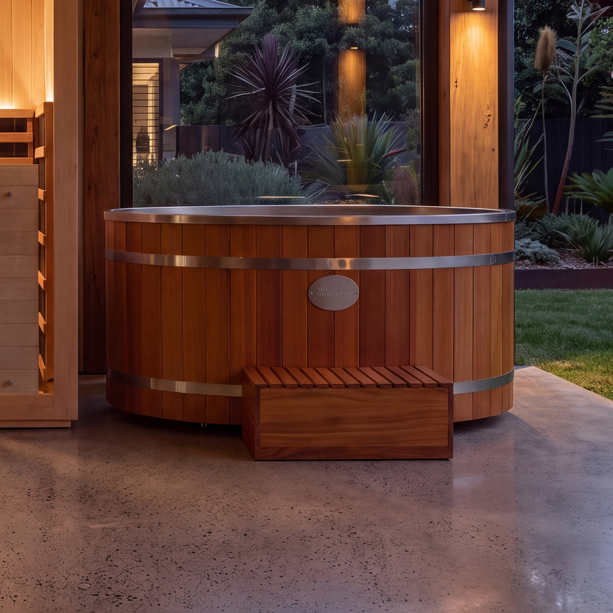 Kiva Energise cedar ice bath in a covered outdoor wellness space