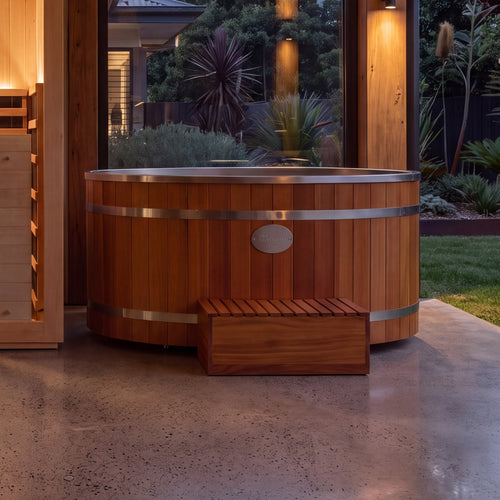 Kiva Energise cedar ice bath in a covered outdoor wellness space