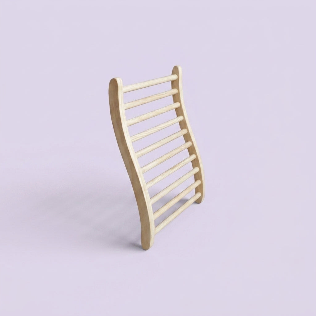 An ergonomic sauna backrest shown on a plain light lavender background.