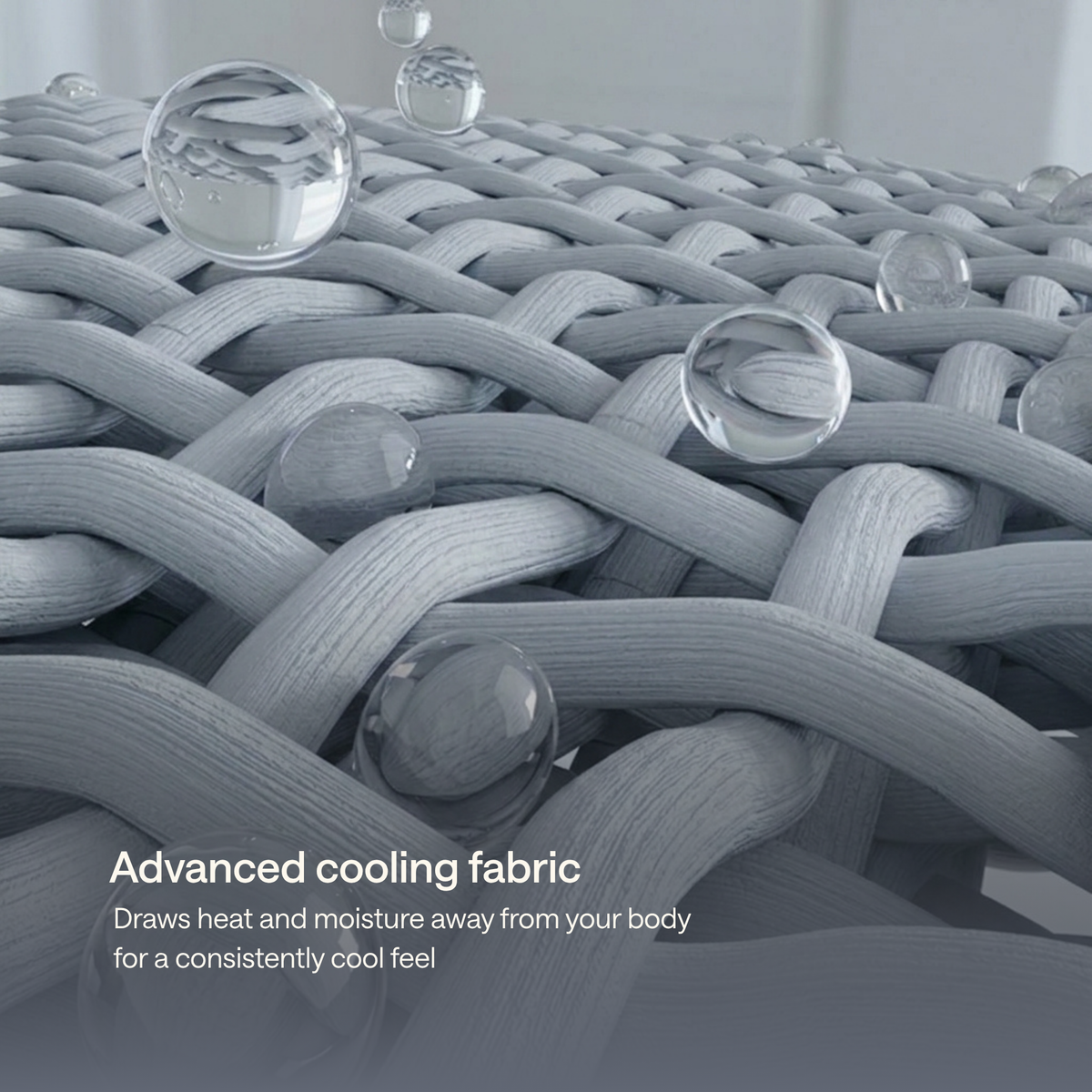 Close-up of a woven cooling fabric with transparent water droplets resting on it.